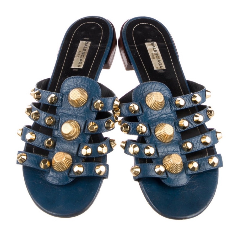 Balenciaga Navy Sandals with Gold Accents
